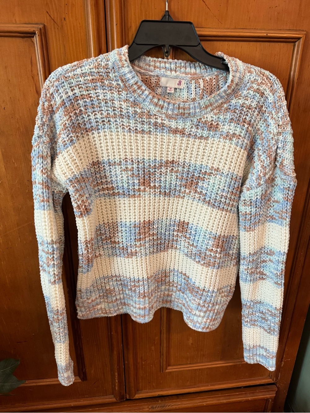 SO Cream, Light Blue & Light Brown Striped Crew Sweater